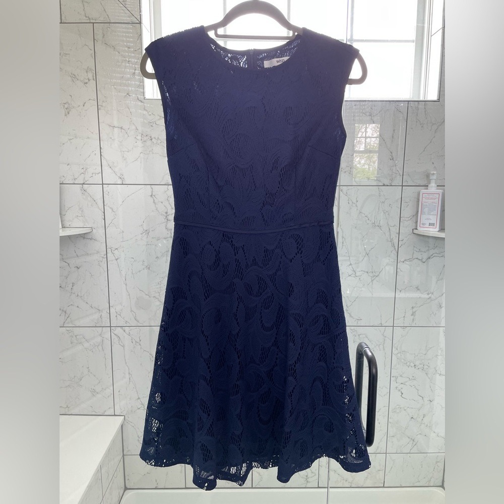 Lace detail overlay navy blue dress